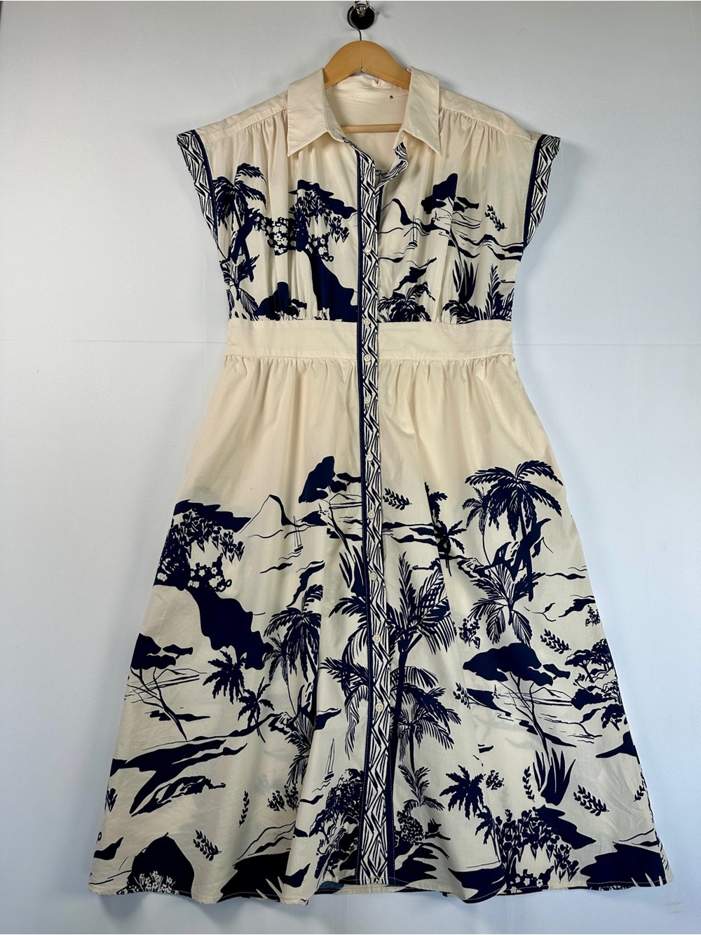 Maggy London Cotton Cream Midi Shirt Dress with Navy Tropical Print M